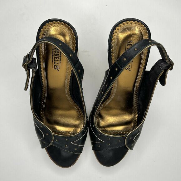 Seychelles Size 7 Singback Open Toe Black Leather Wood Block Heel‎ Studded - Picture 7 of 11